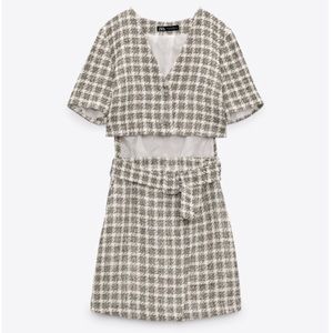 Zara Cut Out Plaid Textured Tweed Dress Set Belted Jewel Buttons NWT Size Small